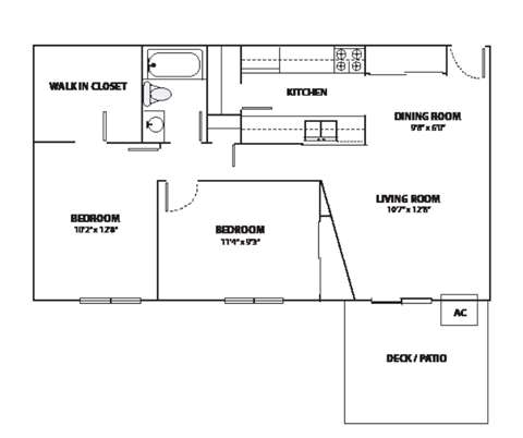 Floor plan for 2 beds, 1 bath, 937 sqft